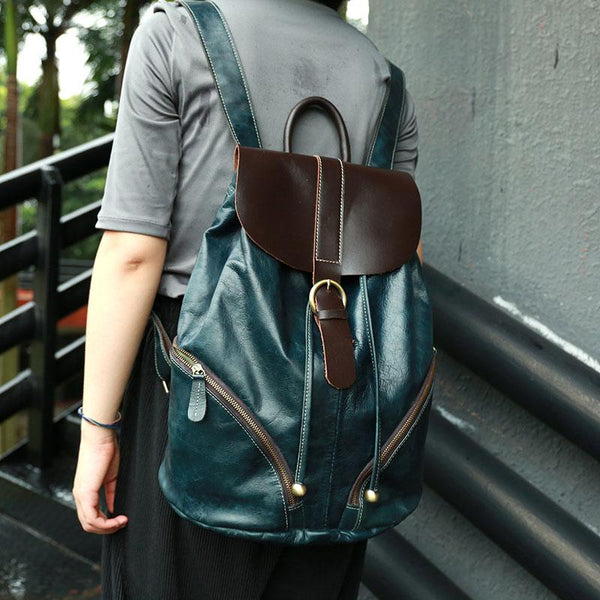 Cool Green Mens Leather Backpack Travel Backpacks Laptop Backpacks for men - imessengerbags