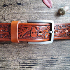 Cool Handmade Brown Floral Tooled Leather Mens Belt Coffee Leather Belts for Men - imessengerbags