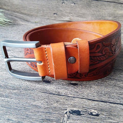 Cool Handmade Brown Floral Tooled Leather Mens Belt Coffee Leather Belts for Men - imessengerbags