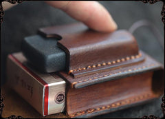 Cool Handmade Brown Leather Mens Zippo Cigarette Case with Lighter Holder Belt Loop for Men - imessengerbags