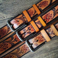 Cool Handmade Embossed Brown Tooled Leather Mens Belt Dark Brown Leather Belts for Men - imessengerbags