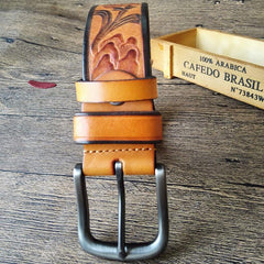 Cool Handmade Embossed Brown Tooled Leather Mens Belt Dark Brown Leather Belts for Men - imessengerbags