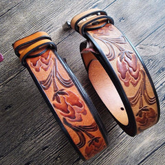 Cool Handmade Embossed Brown Tooled Leather Mens Belt Dark Brown Leather Belts for Men - imessengerbags