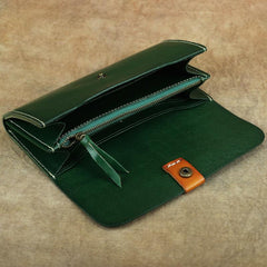 Cool Handmade Brown Leather Men's Large Envelope Long Wallet Green Vintage Long Wallet Clutch For Men