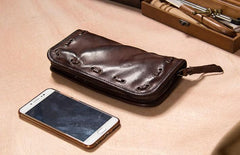 Cool Handmade Leather Mens Clutch Coffee Vintage Zipper Wallet for Men