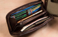 Cool Handmade Leather Mens Clutch Coffee Vintage Zipper Wallet for Men