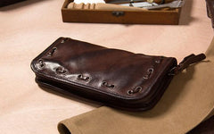 Cool Handmade Leather Mens Clutch Coffee Vintage Zipper Wallet for Men