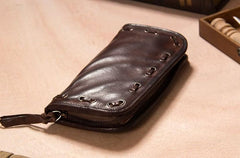 Cool Handmade Leather Mens Clutch Coffee Vintage Zipper Wallet for Men