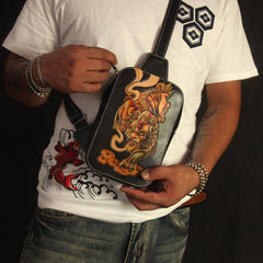 Cool Handmade Tooled Leather Tang Lion Sling Bag Chest Bag One Shoulder Backpack For Men - imessengerbags