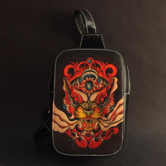 Cool Handmade Tooled Leather Tang Lion Sling Bag Chest Bag One Shoulder Backpack For Men - imessengerbags