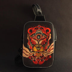 Cool Handmade Tooled Leather Tang Lion Sling Bag Chest Bag One Shoulder Backpack For Men