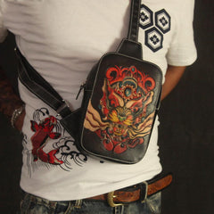 Cool Handmade Tooled Leather Tang Lion Sling Bag Chest Bag One Shoulder Backpack For Men - imessengerbags