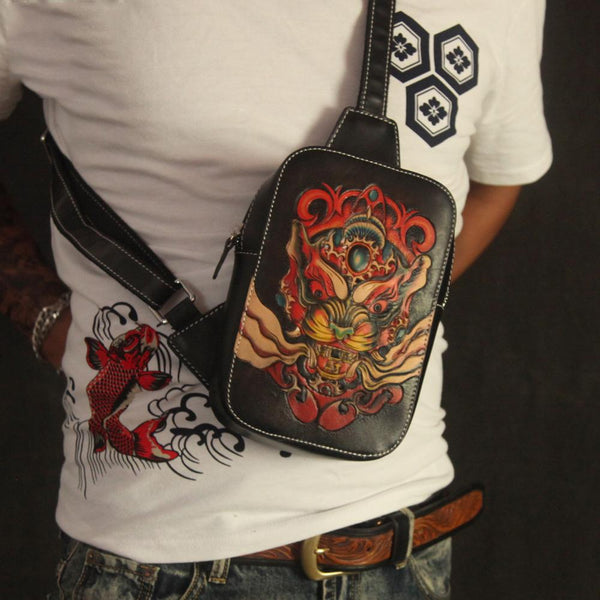 Cool Handmade Tooled Leather Brave Troops Sling Bag Chest Bag One Shoulder Backpack For Men - imessengerbags