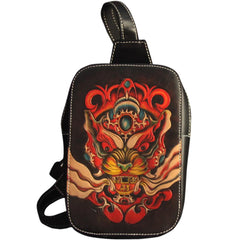 Cool Handmade Tooled Leather Dragon Carp Sling Bag Chest Bag One Shoulder Backpack For Men