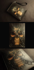 Cool Handmade Tooled Leather Black Skull Clutch Wallet Wristlet Bag Clutch Purse For Men - imessengerbags