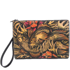 Cool Handmade Tooled Leather Tan Chinese Lion Clutch Wallet Wristlet Bag Clutch Purse For Men - imessengerbags