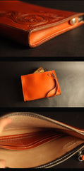 Cool Handmade Tooled Leather Tan Chinese Lion Clutch Wallet Wristlet Bag Clutch Purse For Men - imessengerbags