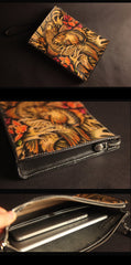 Cool Handmade Tooled Leather Tan Chinese Lion Clutch Wallet Wristlet Bag Clutch Purse For Men - imessengerbags