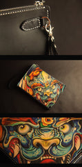 Cool Handmade Tooled Leather Tan Chinese Lion Clutch Wallet Wristlet Bag Clutch Purse For Men - imessengerbags