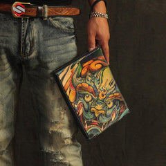 Cool Handmade Tooled Leather Tan Chinese Lion Clutch Wallet Wristlet Bag Clutch Purse For Men - imessengerbags