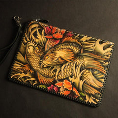 Cool Handmade Tooled Leather Carp Clutch Wallet Wristlet Bags Clutch Purse For Men - imessengerbags