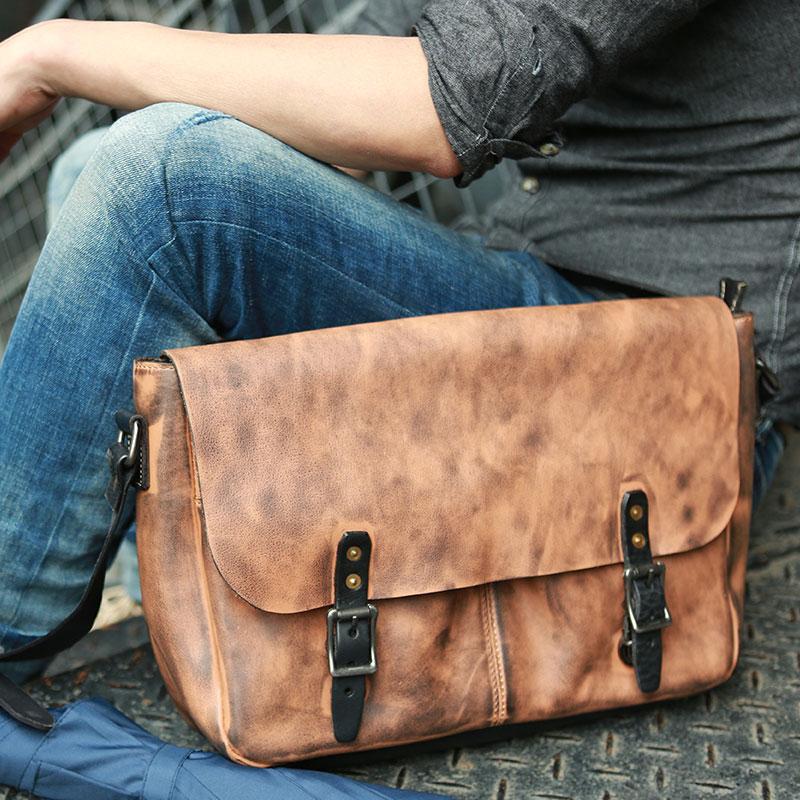 Mens vintage leather messenger bag deals