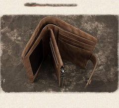 Cool Leather Brown Men's Zipper billfold Small Wallet Bifold Wallet Multi-Card Wallet For Men