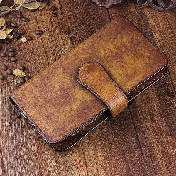 Cool Leather Brown Mens Long Wallet Gray Buckled Long Wallet Trifold Clutch Wallet for Men - imessengerbags