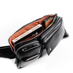 Cool PU Leather Men's Brown One Shoulder Backpack Black Chest Bag Sling Bag For Men - imessengerbags