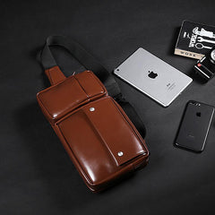 Cool PU Leather Men's Brown One Shoulder Backpack Black Chest Bag Sling Bag For Men - imessengerbags