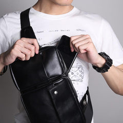 Cool PU Leather Men's Brown One Shoulder Backpack Black Chest Bag Sling Bag For Men - imessengerbags
