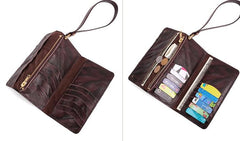 Cool Leather Long Wallet for Men Vintage Trifold Long Wallet Wristlet Wallet