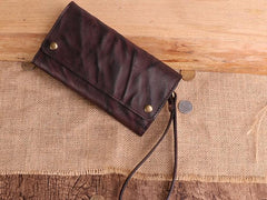 Cool Leather Long Wallet for Men Vintage Trifold Long Wallet Wristlet Wallet
