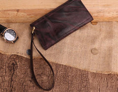 Cool Leather Long Wallet for Men Vintage Trifold Long Wallet Wristlet Wallet