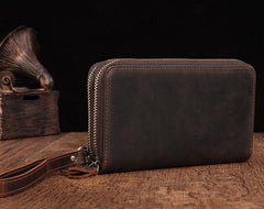 Cool Leather MensLong Wallet Double Zipper Clutch Wallet Wristlet Wallet