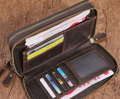Cool Leather MensLong Wallet Double Zipper Clutch Wallet Wristlet Wallet