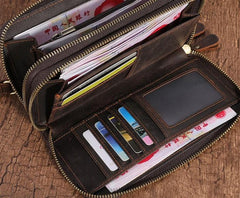 Cool Leather MensLong Wallet Double Zipper Clutch Wallet Wristlet Wallet