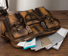 Cool Leather Men Vintage Briefcase 14inch Work Bags Handbag Shoulder Bags For Men - imessengerbags
