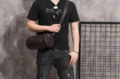 Cool Leather Mens Barrel Side Bag Bucket Shoulder Bag Messenger Bag for Men