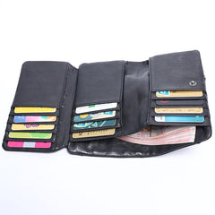 Cool Leather Mens Black Buckle Long Wallet Black Long Trifold Vertical Wallet for Men - imessengerbags