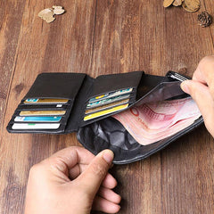 Cool Leather Mens Black Buckle Long Wallet Black Long Trifold Vertical Wallet for Men - imessengerbags