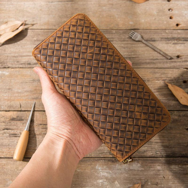 Cool Leather Mens Braided Long Zipper Clutch Wallet Long Wallet for Men - imessengerbags