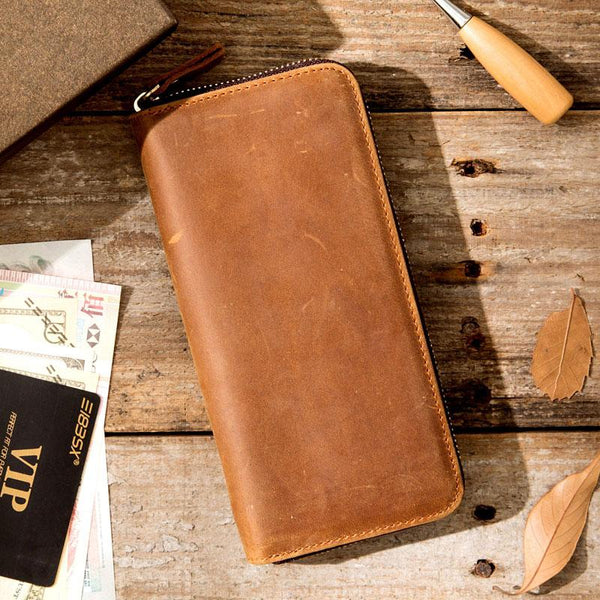 Cool Leather Mens Braided Long Zipper Clutch Wallets Long Wallet for Men - imessengerbags
