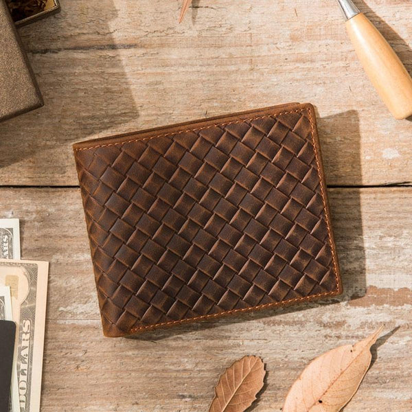 Cool Leather Mens Briaded Small Wallet Bifold Vintage Slim billfold Wallet for Men - imessengerbags
