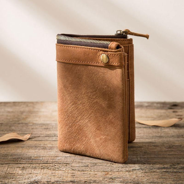 Cool Leather Mens Brown Small Wallet Bifold Vintage Slim billfold Wallet for Men - imessengerbags