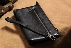 Cool Leather Mens Clutch Wristlet Bag Black Zipper Clutch for Men