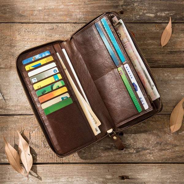 Cool Leather Mens Coffee Long Zipper Clutch Wallet Long Wallet for Men - imessengerbags