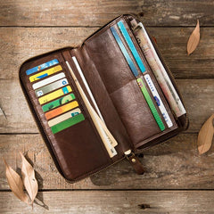 Cool Leather Mens Coffee Long Zipper Clutch Wallet Long Wallet for Men - imessengerbags