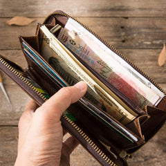 Cool Leather Mens Coffee Long Zipper Clutch Wallet Long Wallet for Men - imessengerbags