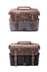 Cool Canvas Leather Mens Side Bag Black Shoulder Bag Khaki Messenger Bag for Men - imessengerbags